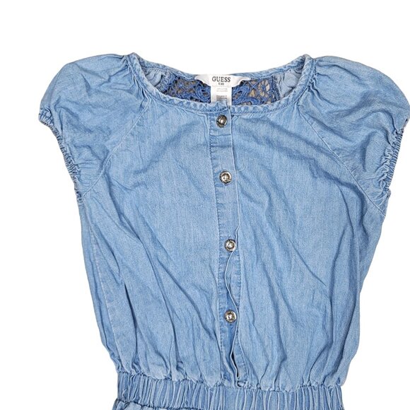 GUESS kids Embroidered Lace Back Chambray Elastic Waist Short Romper Size 6 kids - Picture 6 of 6
